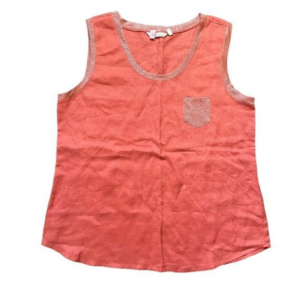 Soft Surroundings Women's 100% Linen Coral Sparkle Trim Sleeveless Blouse Size L